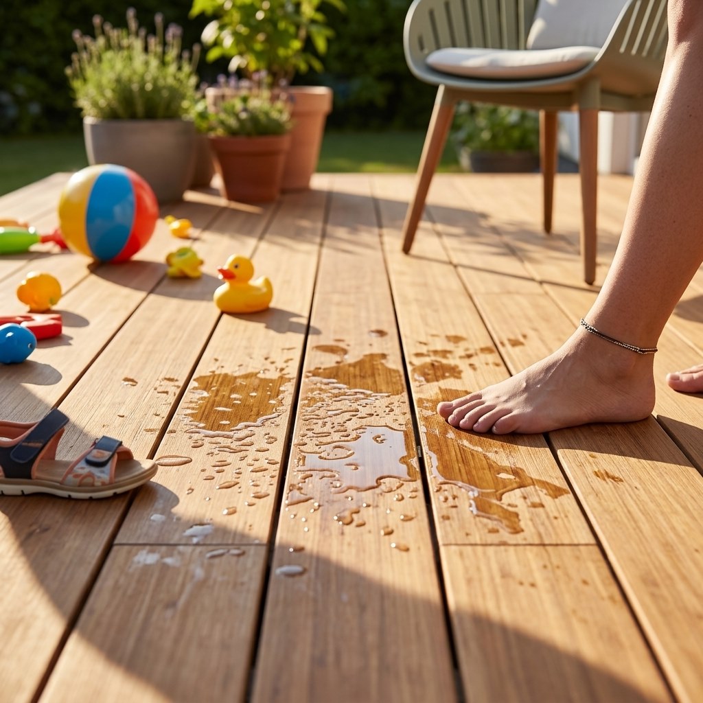 Nasse Campoverde Bambusterrasse mit Wasserpfützen, Kinderspielzeug und einer barfüßigen Person im sonnigen Garten.