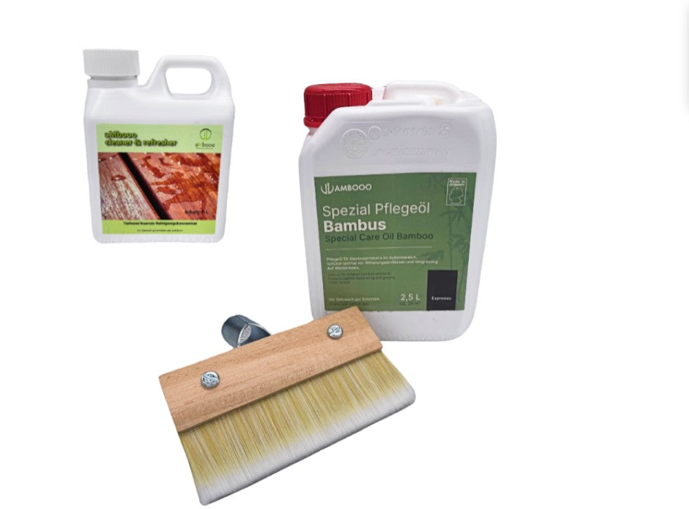 Bambus-Terrassendielen Pflege-Set mit Spezial-Pflegeöl, Bambus-Reiniger und Flächenstreicher für die professionelle Reinigung und Pflege von Bambus-Terrassen.