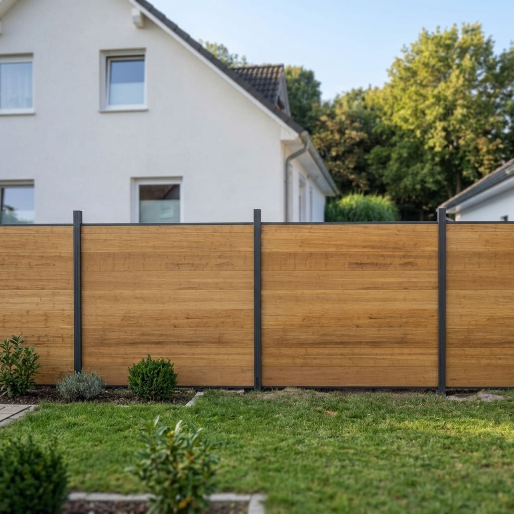 Sand farbener Sichtschutzzaun mit anthrazitfarbenen Pfosten zwischen zwei modernen Terrassen mit weißen Wohnhäusern.