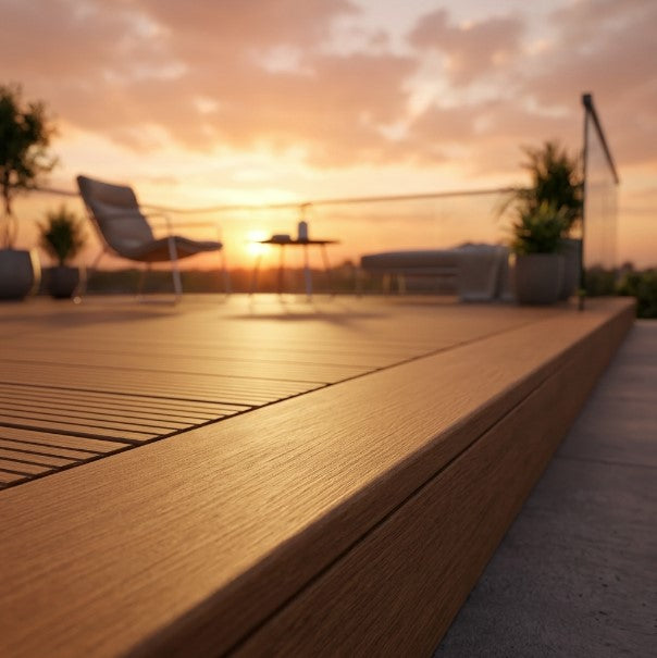 Hochwertige Bambusterrasse mit langlebigen Terrassendielen und moderner Glasbrüstung bei Sonnenuntergang.