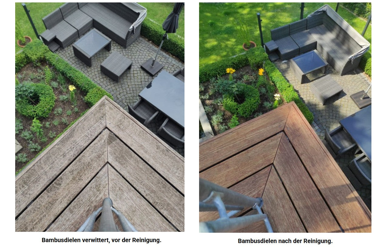 Mit unserem Terrassendielen Cleaner genießen Sie eine strahlend saubere und gepflegte Terrasse, die zum Verweilen einlädt.