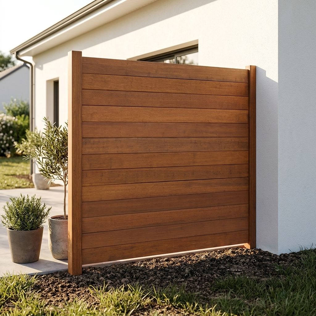 AMBOOO Deluxe Bambus-Sichtschutzzaun mit horizontalen Lamellen neben einer weißen Hauswand.