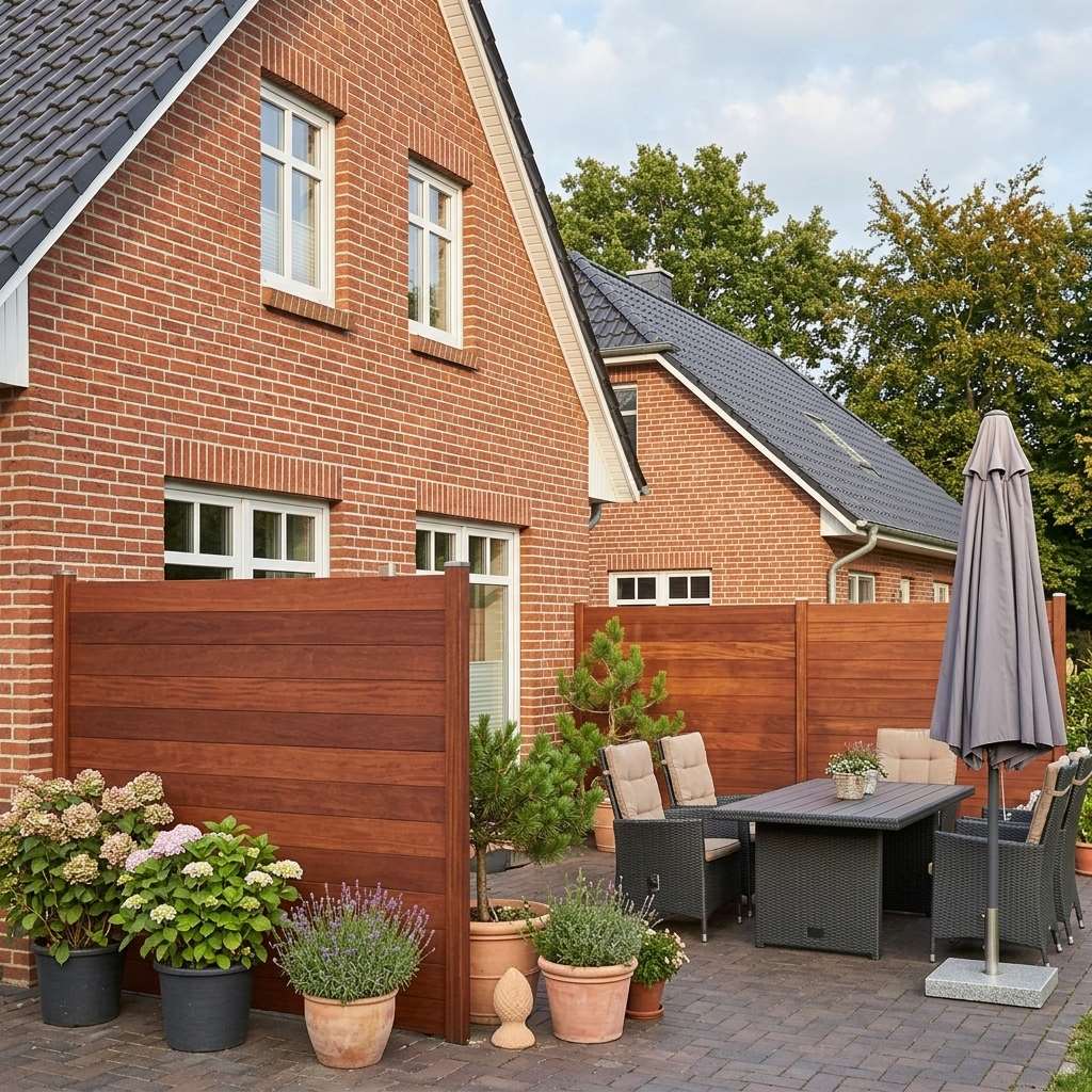Bambus-Sichtschutzzaun Einzelelement mit horizontalen Lamellen als Abgrenzung einer Terrasse mit Sitzgruppe und Pflanzen.