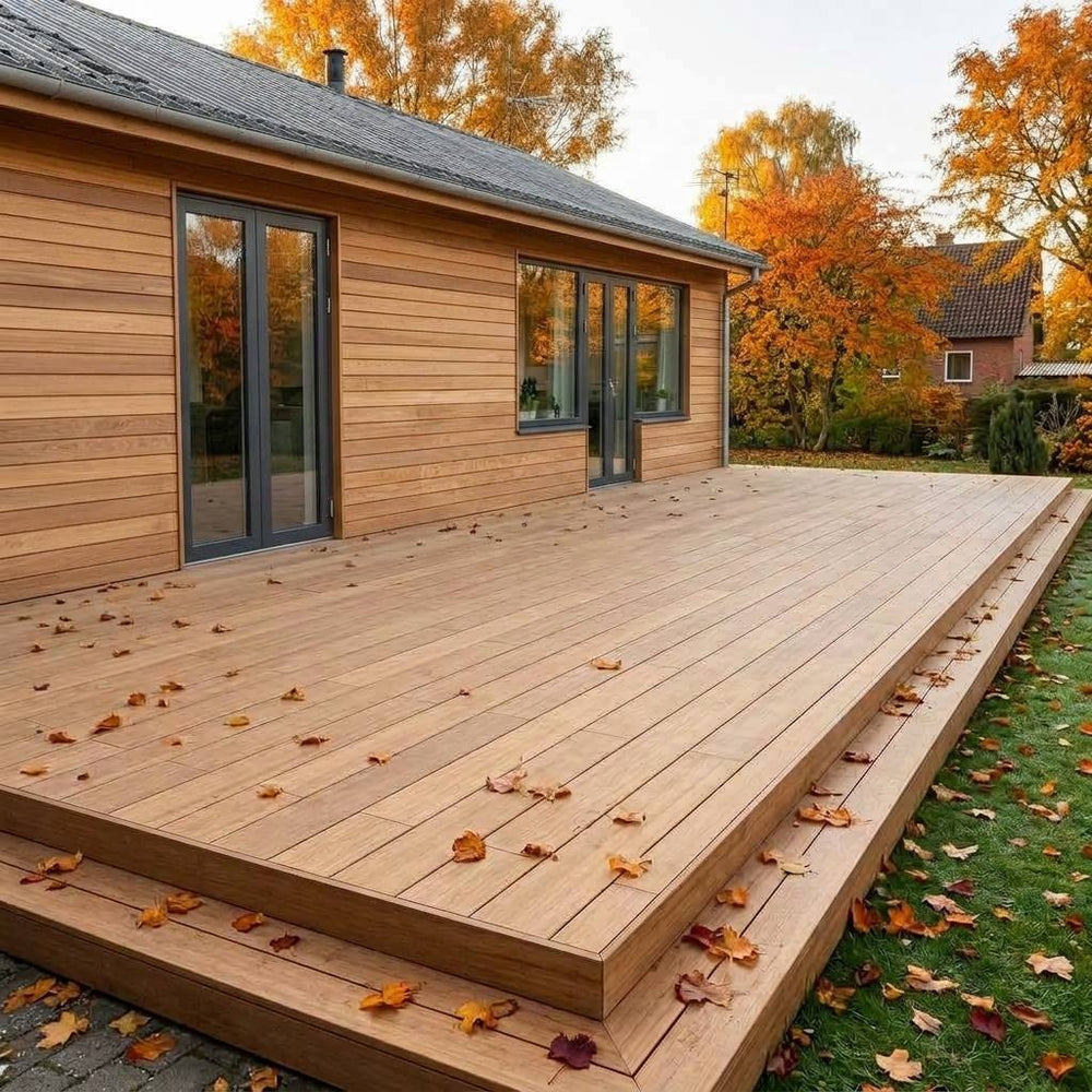 Große Holzterrasse an einem Wohnhaus mit einer Holzfassade, umgeben von herbstlich gefärbten Bäumen und verstreutem Laub.