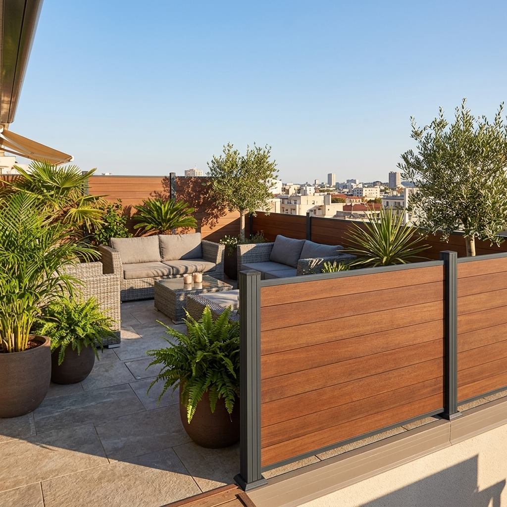 Moderne Dachterrasse mit gemütlicher Lounge, großen Pflanzkübeln und Bambus Sichtschutz in Holzoptik vor städtischer Kulisse.