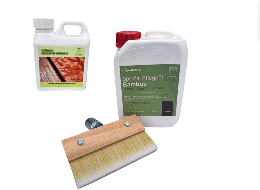 Das Terrassendielen Pflegeset Komfort von aMbooo, beinhaltetet alles was man für eine umfassende Unterhaltspflege benötigt.