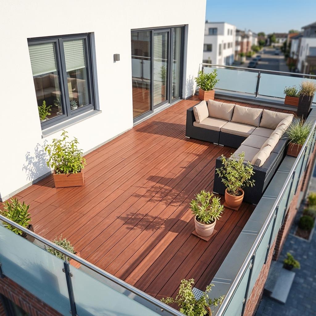 Moderne Dachterrasse mit Bambus-Terrassendielen, Loungemöbeln und Glasgeländer – langlebiger, pflegeleichter Terrassenbelag mit natürlicher Holzoptik für stilvolle Außenbereiche.