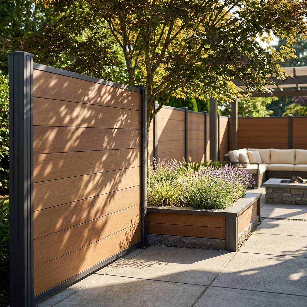Moderner Sichtschutzzaun in Holzoptik mit integriertem Hochbeet, Lavendel und einer gemütlichen Gartenlounge im Hintergrund.