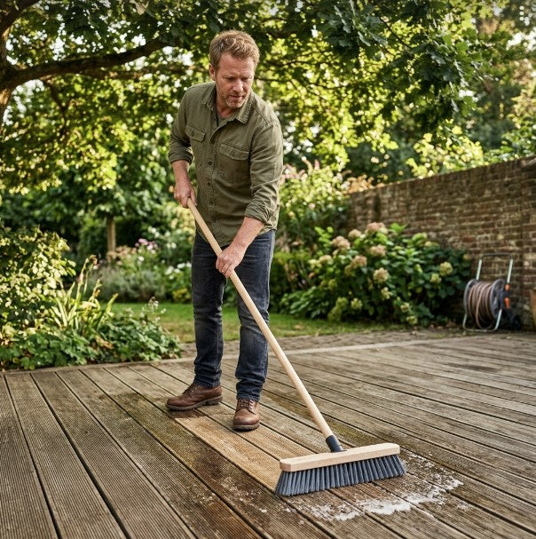 Gründliche Reinigung einer Holzterrasse mit einem Terrassenschrubber. Die regelmäßige Pflege entfernt Schmutz und Ablagerungen von den Terrassendielen und trägt zum langfristigen Erhalt der Oberfläche im Außenbereich bei.