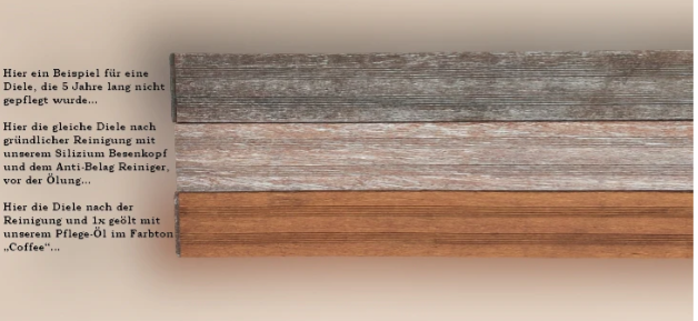 Der Vorher Nachher Vergleich nach dem Einsatz des aMbooo Bambus Terrassenpflege Set Komfort.