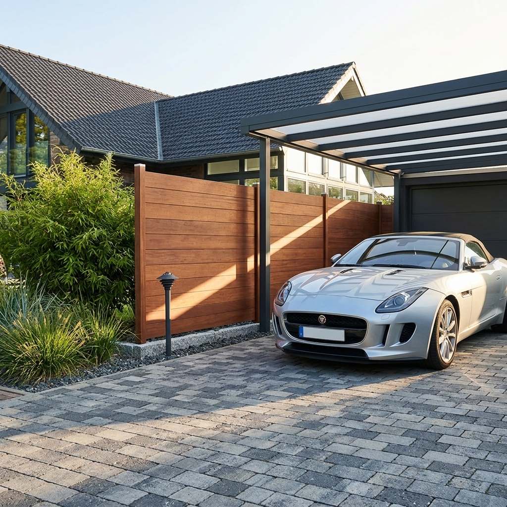 Silbernes Cabriolet unter einem modernen Carport neben einer coffee farbenden Bambus-Sichtschutzwand; im Hintergrund stehen ein Wohnhaus und dichte Gartenpflanzen
