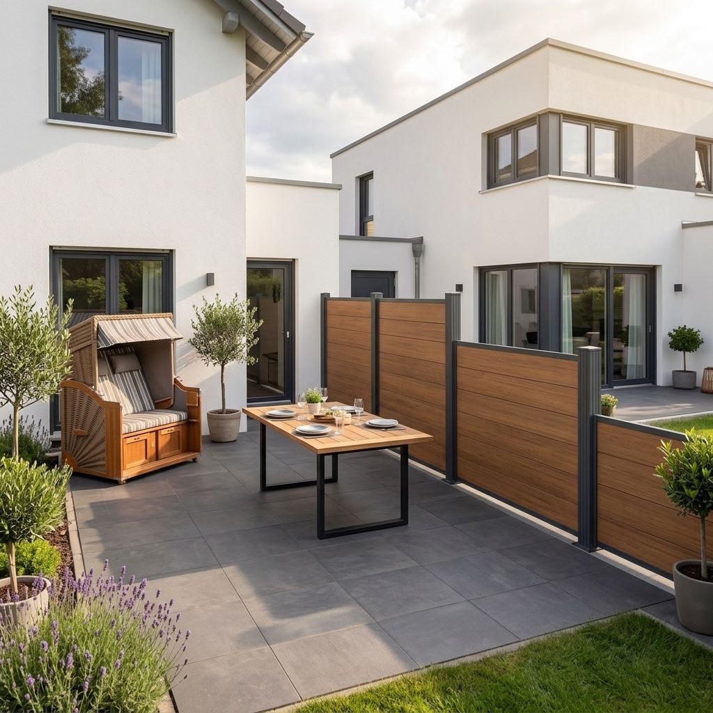 Sichtschutzzaun mit anthrazitfarbenen Pfosten entlang einer modern gestalteten Terrasse. Der Zaun trennt zwei Villen von einander