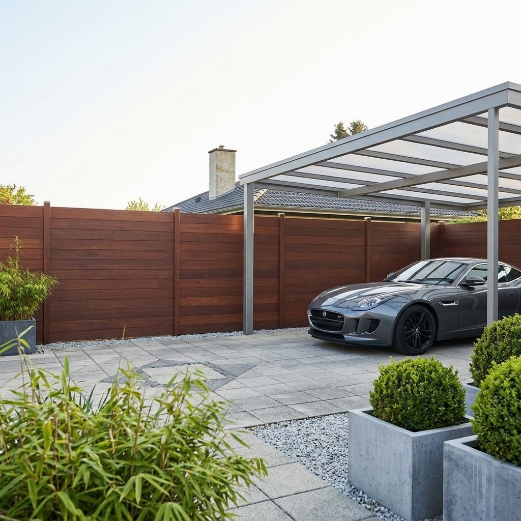 Graues Auto unter einem modernen Carport vor einer hohen braunen Sichtschutzwand; im Vordergrund stehen bepflanzte Kübel und Bambus.