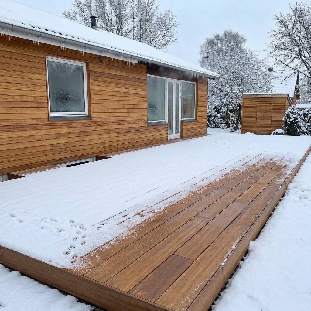 Teilweise schneebedeckte Bambusterrasse vor einem Holzhaus in einem winterlichen Garten.