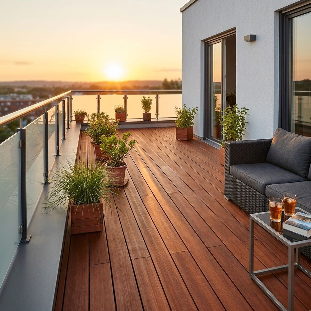 Gemütlicher Innenhof mit coffee Terrassendielen, mediterranen Pflanzgefäßen und Sitzplatz – langlebiger, pflegeleichter Terrassenbelag mit natürlicher Holzoptik für stilvolle Außenbereiche.