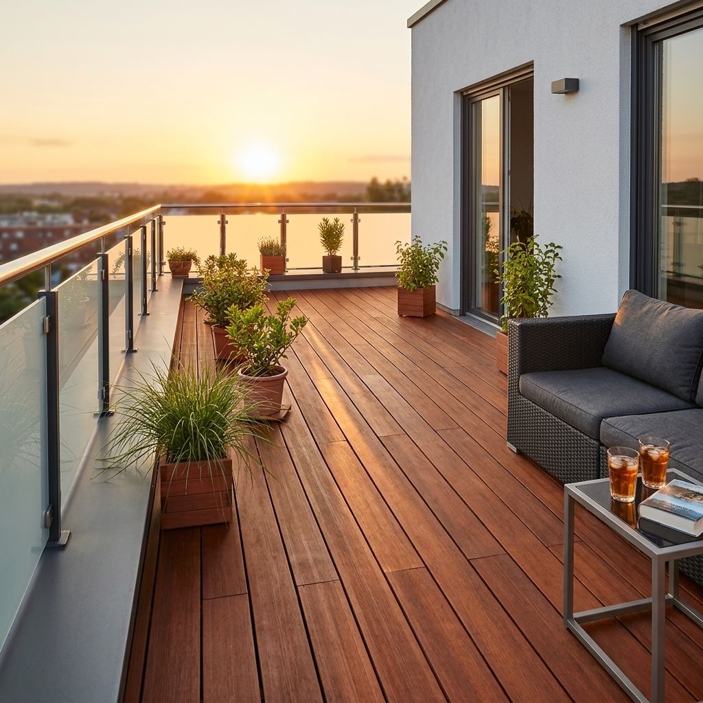 Gemütlicher Innenhof mit coffee Terrassendielen, mediterranen Pflanzgefäßen und Sitzplatz – langlebiger, pflegeleichter Terrassenbelag mit natürlicher Holzoptik für stilvolle Außenbereiche.
