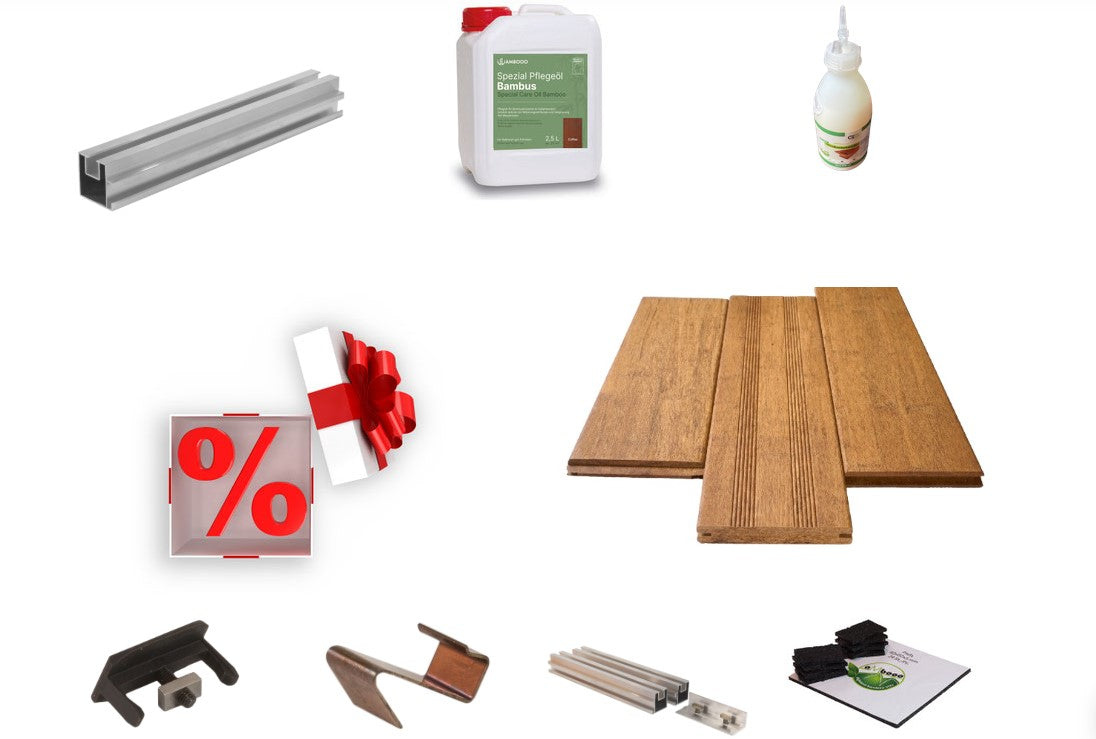 Das Bambus Natur hell ambooo-Terrassen Komplettset mit Aluminium Unterkonstruktion.