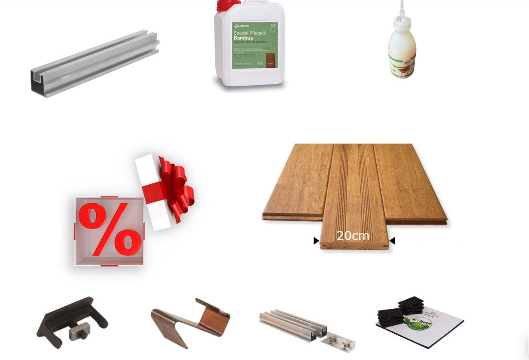 das aMbooo Terrassendielen aus Bambus Komplettset in Natur hell - Sand mit einer Unterkonstruktion aus Aluminium.