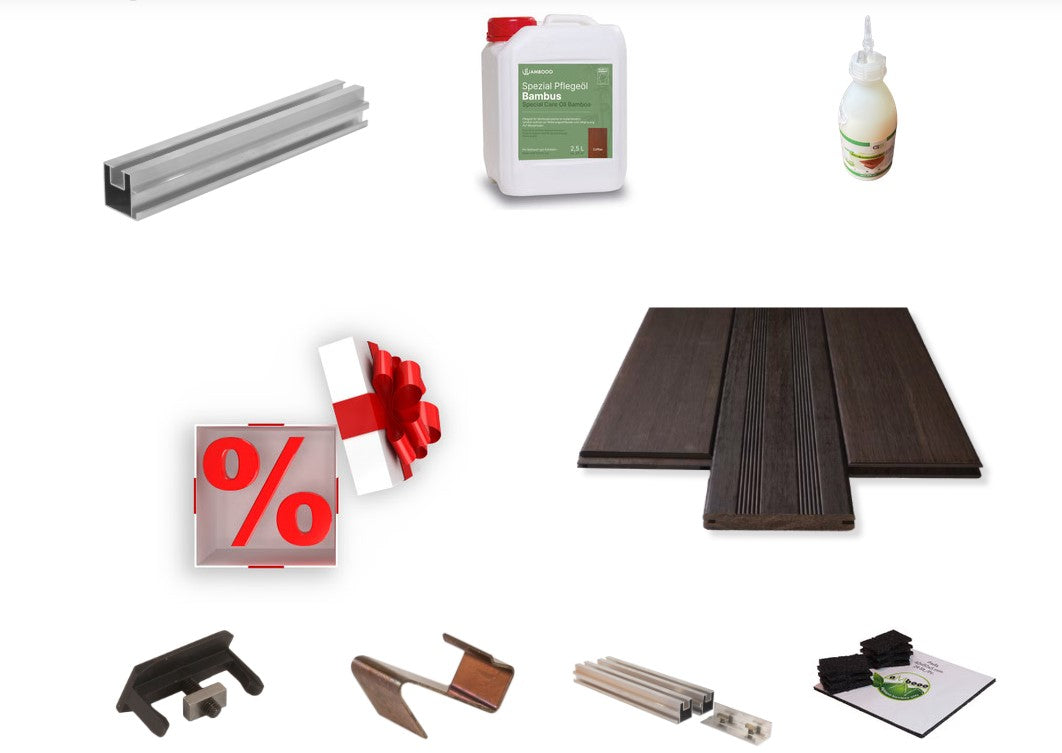 Komplettset aMbooo Terrassendielen aus Bambus Havanna-Santos inklusive Montage- und Pflegezubehör.