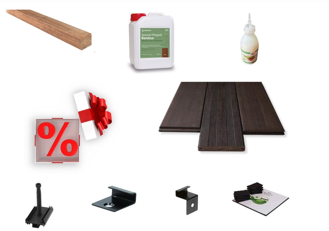 Das Terrassendielen aus Bambus Komplettset Havanna-Santos mit einer Unterkonstruktion aus Bambus, von aMbooo.