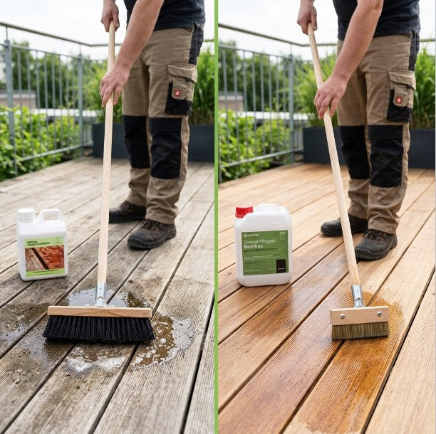 Vorher-Nachher-Darstellung der Pflege einer Bambus- oder Holzterrasse. Links wird die Terrasse mit einer Bürste und einem Terrassenreiniger gereinigt, rechts erfolgt die Behandlung mit Bambus-Pflegeöl. Der Vergleich zeigt deutlich die Auffrischung der Farbe und die verbesserte Holzoptik nach der Pflege. Die Anwendung dient dem Schutz, der Werterhaltung und der Verlängerung der Lebensdauer von Terrassendielen im Außenbereich.