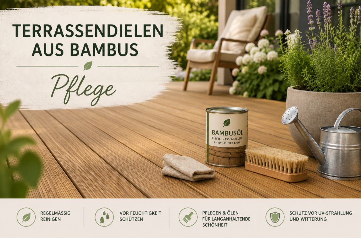 Bambus-Terrassendielen auf einer gepflegten Terrasse mit Bambusöl, Bürste und Gießkanne – Tipps zur Reinigung, Pflege und zum Schutz vor UV-Strahlung und Witterung.