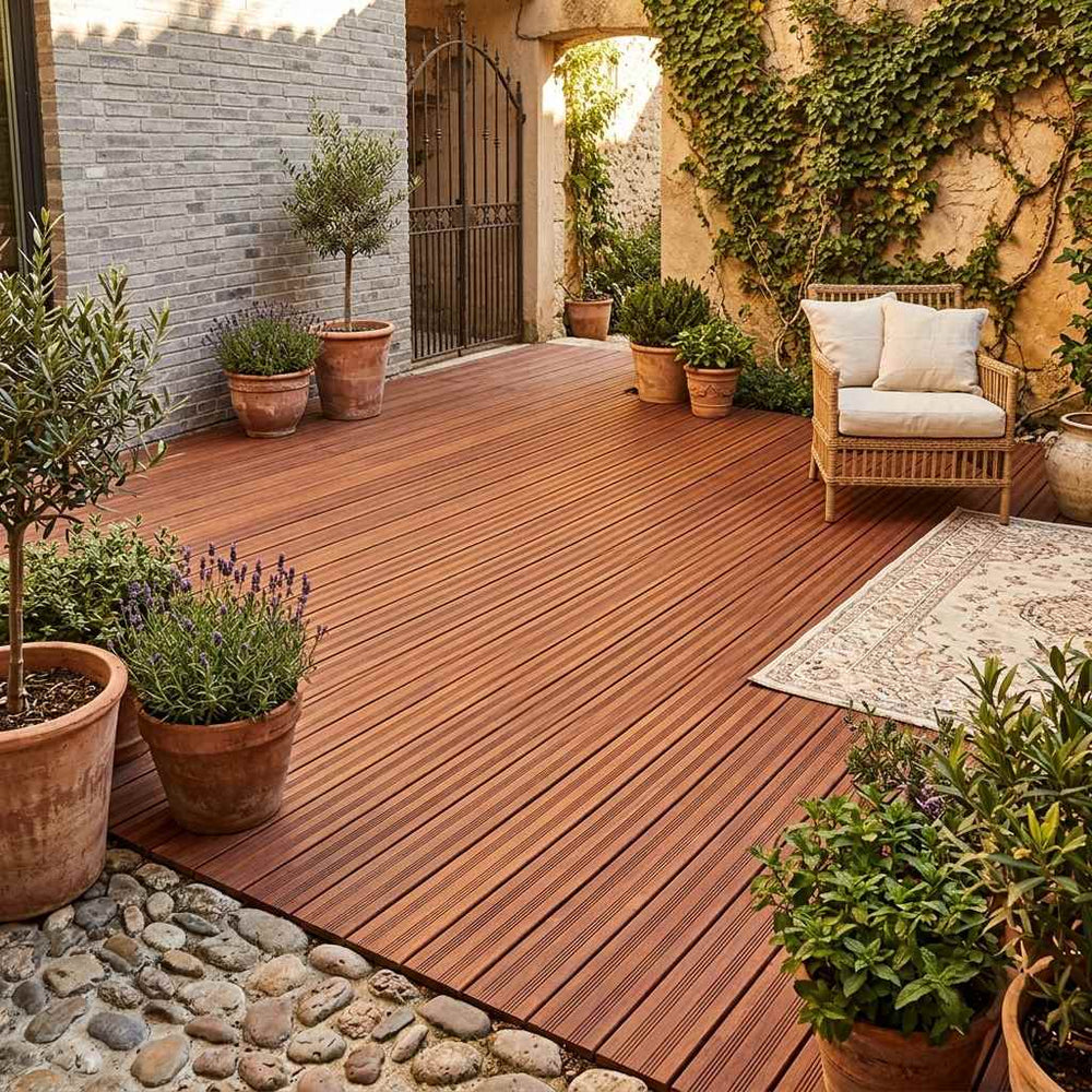 Gemütlicher Innenhof mit coffee Terrassendielen, mediterranen Pflanzgefäßen und Sitzplatz – langlebiger, pflegeleichter Terrassenbelag mit natürlicher Holzoptik für stilvolle Außenbereiche.