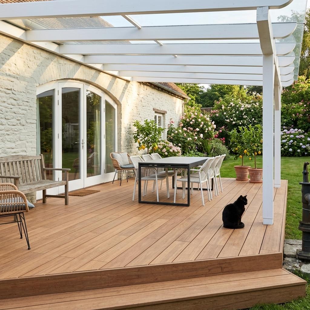 Überdachte Closeddeck Holzterrasse mit gedecktem Esstisch, Sitzmöbeln und zahlreichen Topfpflanzen an einem Wohnhaus.