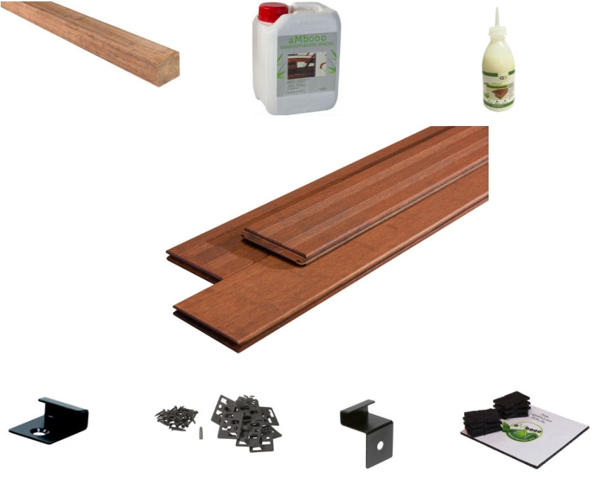 aMbooo Terrassendielen Komplettset Select mit einer Unterkonstruktion aus Bambus.