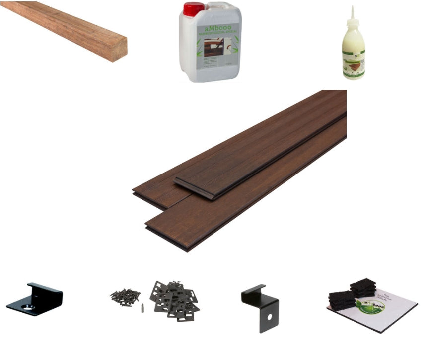 Terrassendielen Komplettpaket Vista-Ipe mit einer Unterkonstruktion aus Bambus.