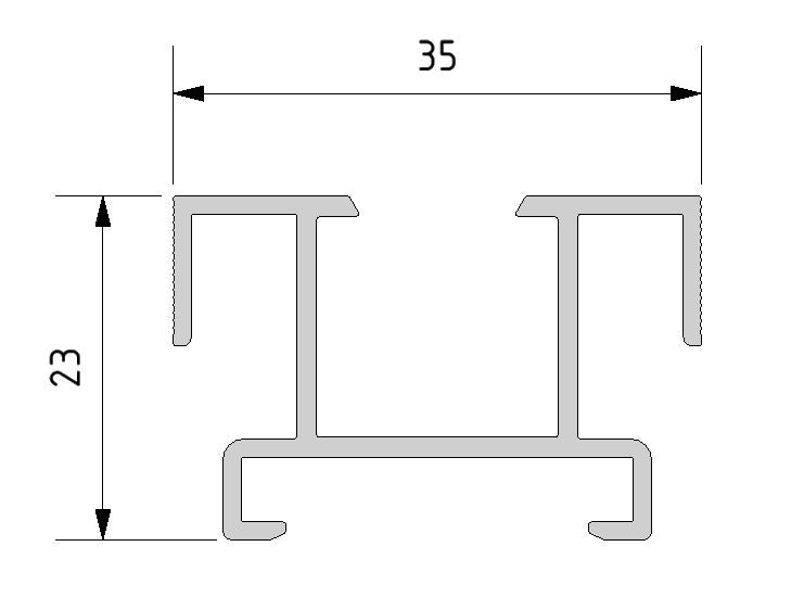 Technische Zeichnung der Aluminium-Unterkonstruktion mit den Maßen 35 × 23 mm und einer Länge von 2200 mm.