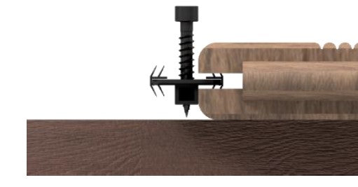 Schematische Darstellung der verdeckten Befestigung einer Terrassendiele mit dem Montageclip Top-Clip und Schraube auf einer Unterkonstruktion.