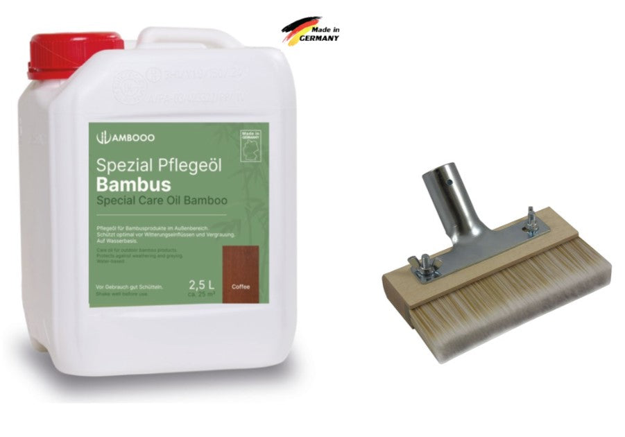 Kanister mit Bambus-Spezial-Pflegeöl und passender Flächenstreicher für die gleichmäßige Behandlung und Pflege von Bambus-Terrassendielen.