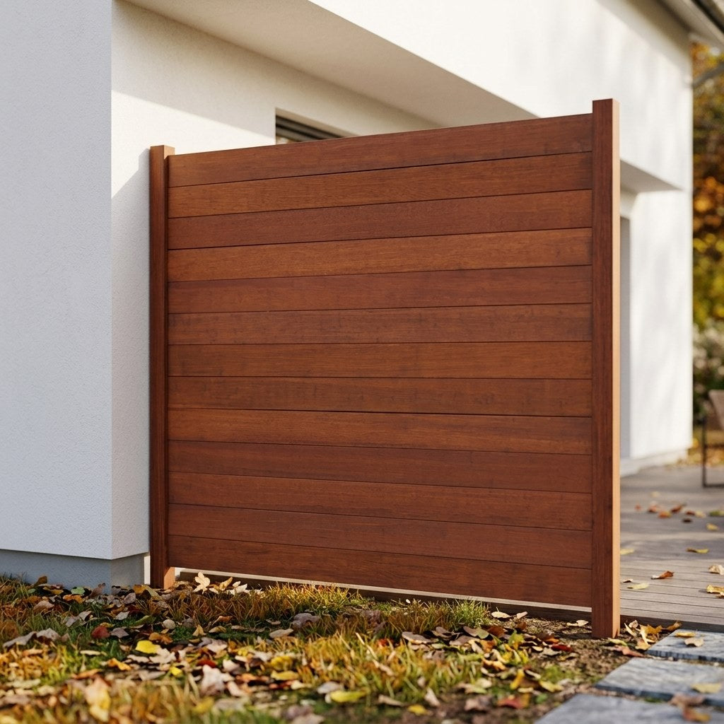 Brauner Bambus-Sichtschutzzaun mit horizontalen Lamellen neben einer weißen Hauswand im Garten.
