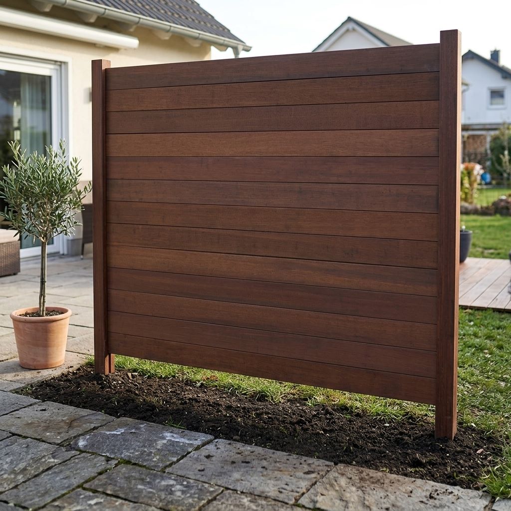 DAS AMBOOO Deluxe Einzelelement mit horizontalen Lamellen zwischen Terrasse und Garten.