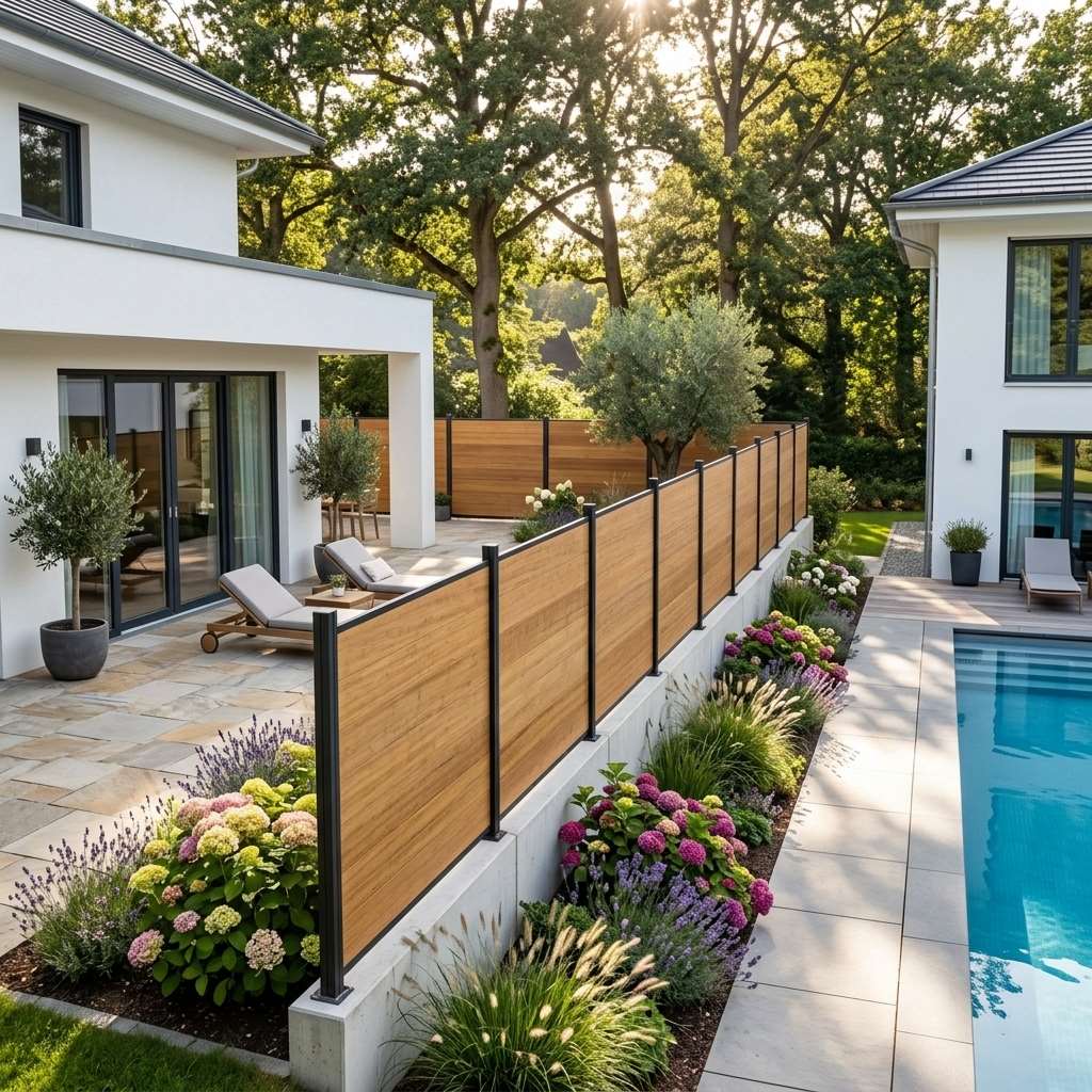 Brauner Bambus-Sichtschutzzaun mit anthrazitfarbenen Pfosten entlang einer Poolterrasse vor einem mediterranen Wohnhaus.