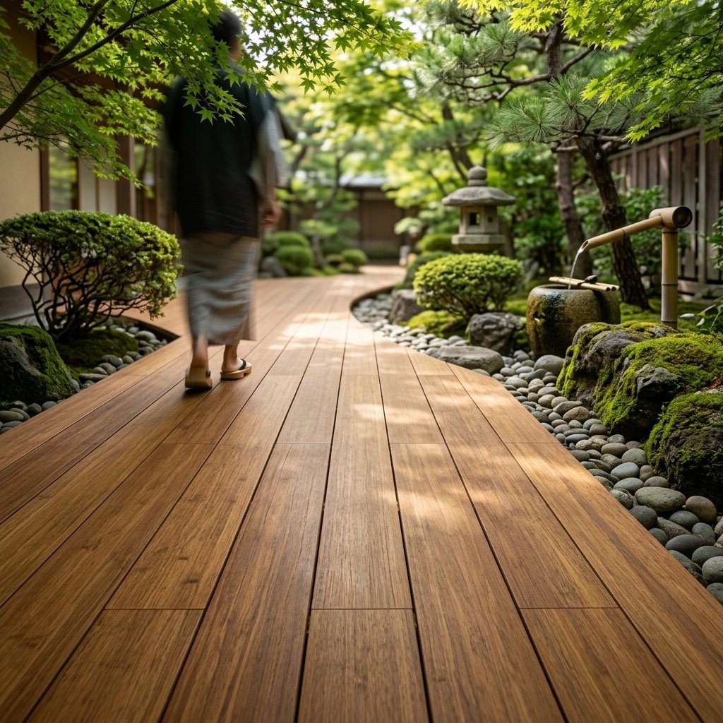 AMBOO-Bambus-Terrassendielen als Weg durch einen begrünten japanischen Garten mit Steinlaterne und Bambusbrunnen.