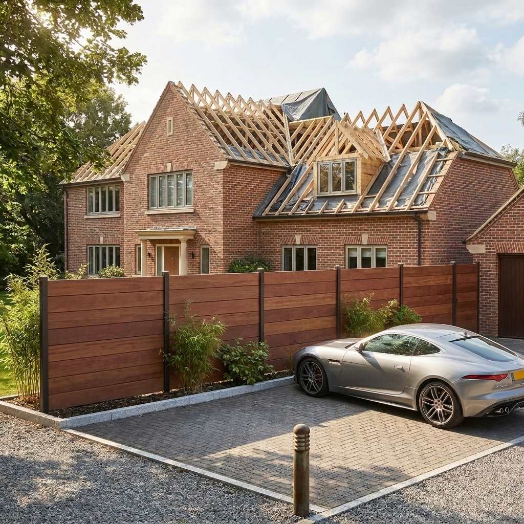 Großes Backsteinhaus während einer Dachsanierung mit sichtbarem Holztragwerk, davor ein Sichtschutzzaun in Holzoptik und ein geparktes Auto.
