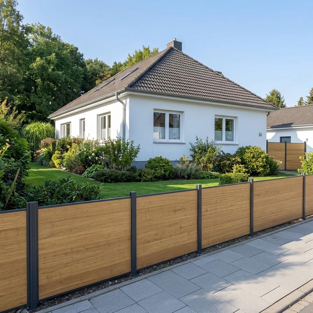 Länge Zaunanlage in der Farbe Sand mit Aluminiumpfosten, zwischen zwei Häuser in der Abendsonne.
