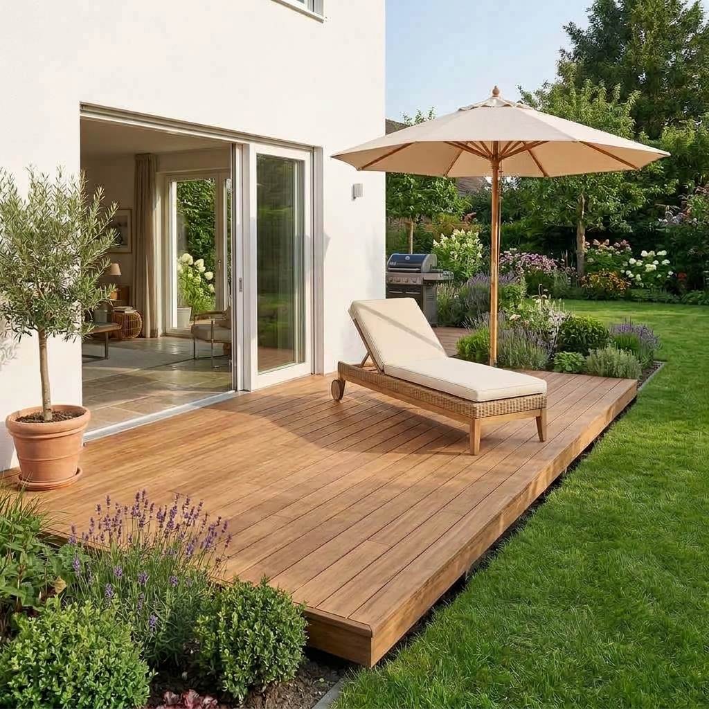 Moderne Bambusterrasse am Haus mit Sonnenliege und Sonnenschirm, umgeben von einem gepflegten Garten.