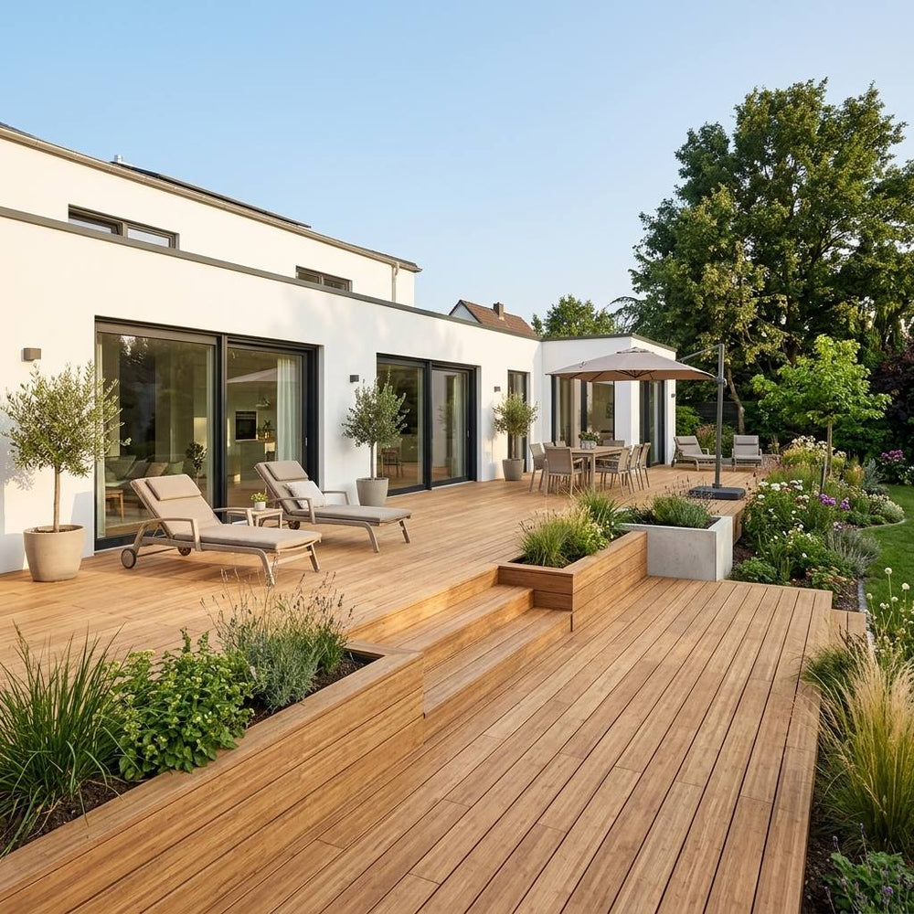 Moderne Bambusterrasse mit Sonnenliegen, Essbereich, Pflanzkübeln und üppiger Gartengestaltung vor einem weißen Wohnhaus.