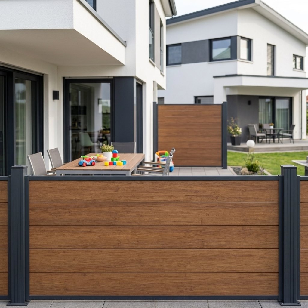 Moderner Sichtschutzzaun in Bambusoptik mit anthrazitfarbenen Pfosten vor einer Terrasse zwischen zwei weißen Einfamilienhäusern.
