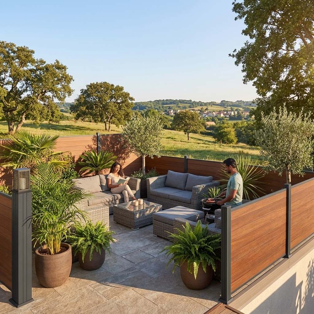 achterrasse mit gemütlicher Lounge, großen Pflanzkübeln und Bambus Sichtschutz in Holzoptik vor ländlicher Kulisse.