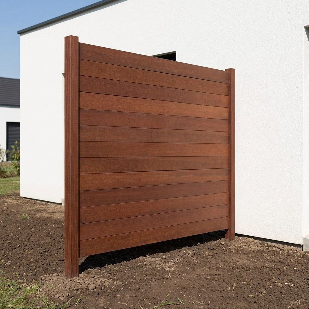 Bambus-Sichtschutzzaun mit horizontalen Lamellen neben einer weißen modernen Hausfassade ist noch Baustelle.