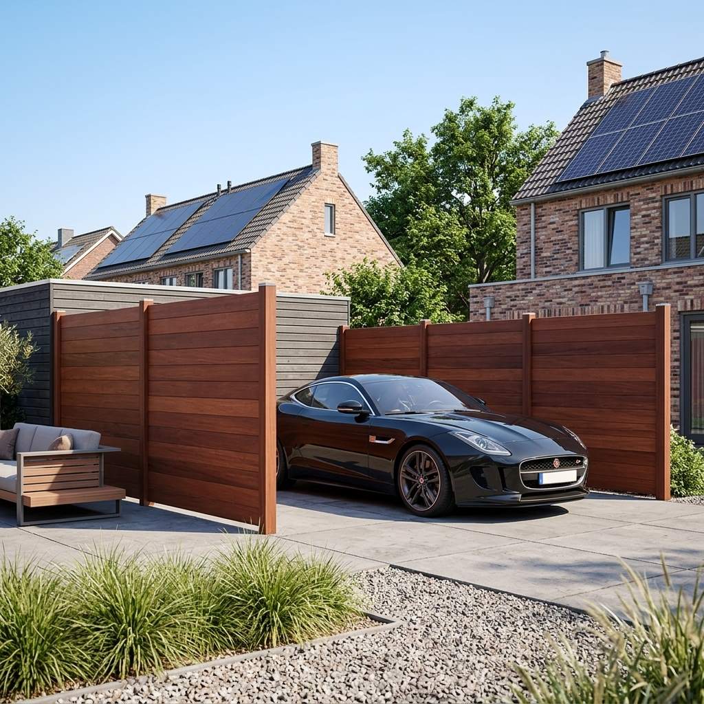 Schwarzes Auto auf einer gepflasterten Einfahrt, umgeben von hohen braunen Holz-Sichtschutzwänden; im Hintergrund stehen Backsteinhäuser mit Solaranlagen.