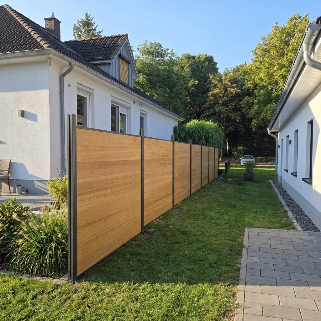 Bambus Sichtschutzzaun mit anthrazitfarbenen Pfosten als Abtrennung zwischen zwei modernen Terrassen. Auf einer Terrasse mit einem Esstisch und auf der anderen Terrasse mit einem Liegestuhl