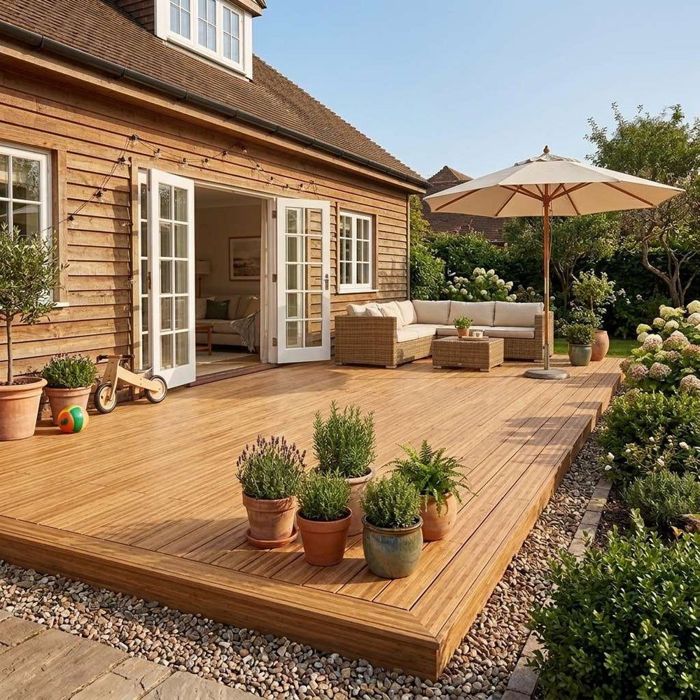 Sonnige Holzterrasse mit Loungemöbeln, Sonnenschirm und Kräutertöpfen vor einem Wohnhaus mit Holzfassade.