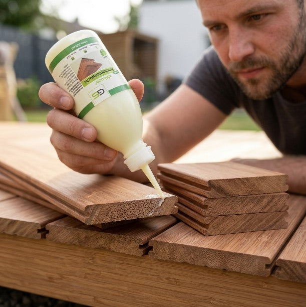 Stirnkantenversiegelung für ambooo-Terrassendielen mit speziellem Stirnkantenwachs. Schutz der Schnittkanten vor Feuchtigkeit und Witterungseinflüssen für eine dauerhaft hochwertige Terrasse.