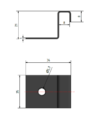 Technische Maßzeichnung eines abgewinkelten Randhalters - Abschlussclips - zur verdeckten Befestigung von Terrassendielen. Die Zeichnung zeigt Seiten- und Draufsicht mit den Abmessungen des Bauteils sowie einer Bohrung mit 5,3 mm Durchmesser zur Verschraubung.