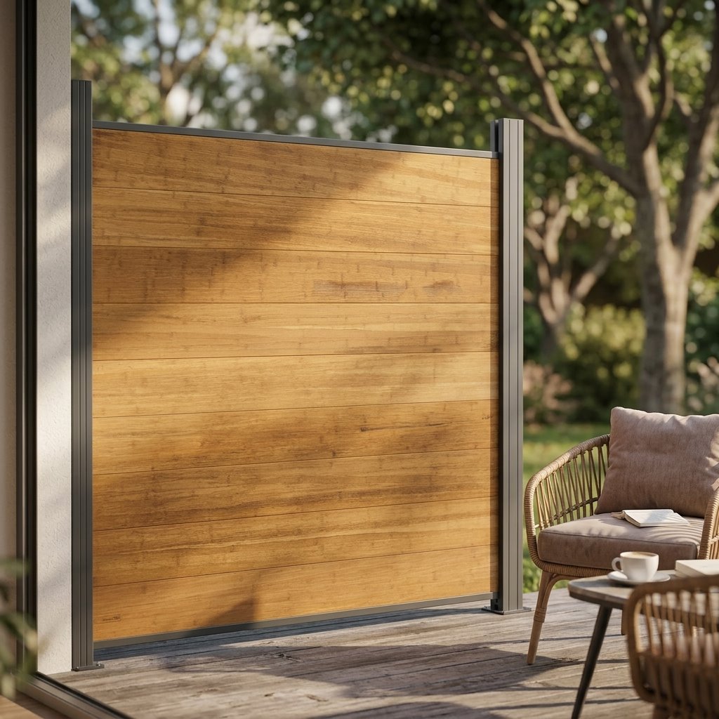 Bambus-Sichtschutzzaun in der Farbe Sand mit anthrazitfarbenen Pfosten zwischen zwei modern gestalteten Terrassen.